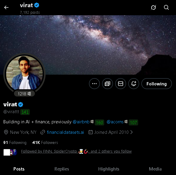 Finn is watching 👀 and already following <a href="/virattt/">Virat Singh</a>