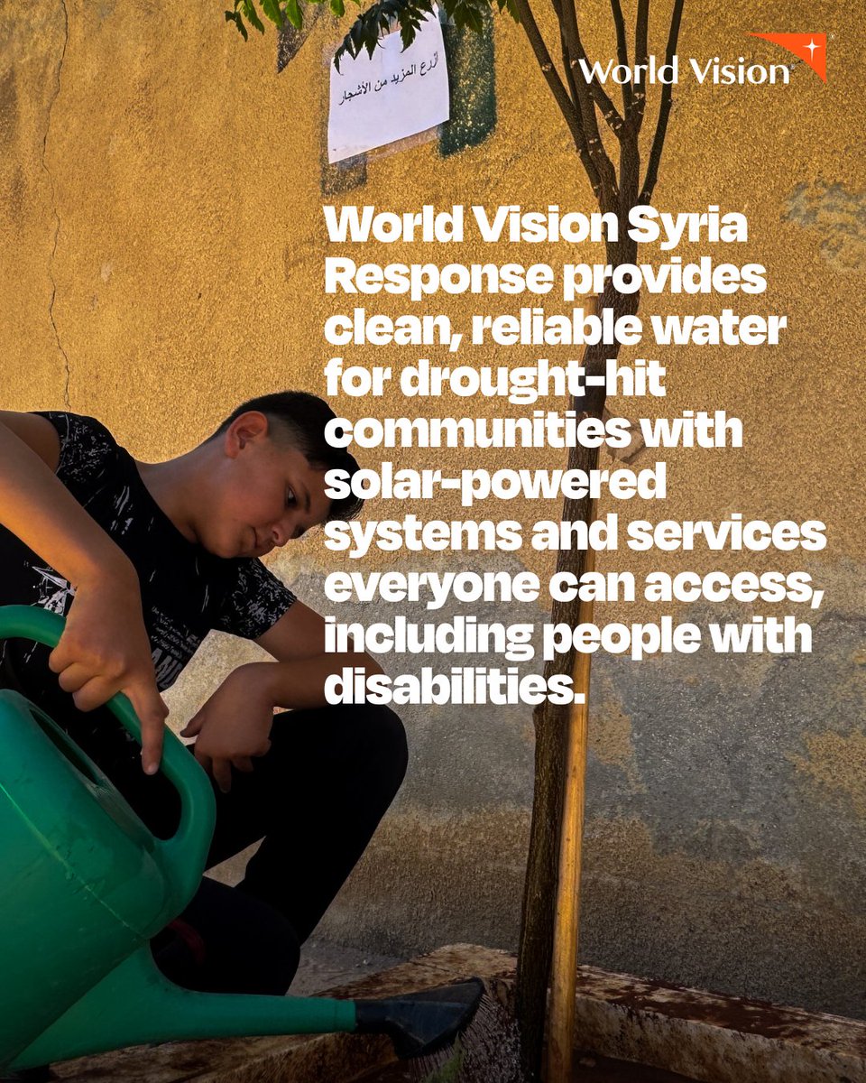 WorldVision's tweet image. 9.1 million Syrians struggle to access food. Northern regions are being hit by #drought, water scarcity, and collapsing agricultural systems. World Vision helps communities through solar-powered systems, local management, and smart water use. 
Learn more: ow.ly/jcxq50XL3Gq