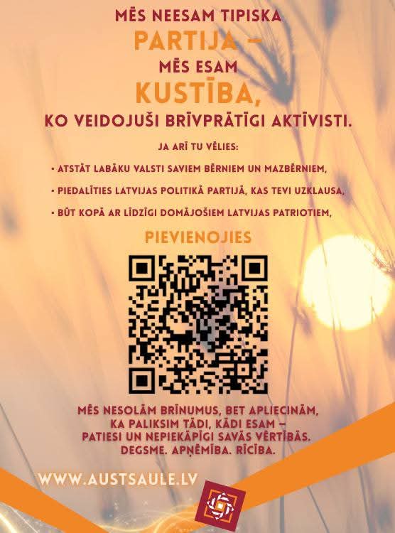 ➡️ Pievienojies jaunam nacionālkonservatīvam spēkam!
🇱🇻 Par Latviju - nacionālu, drošu un bagātu!
🔶  Stiprināsim tautas un ģimenes vērtības
🔶 Apturēsim Kremļa ietekmi Latvijā, kreiso politiku un masu imigrāciju
🔶 Ieguldīsim iekšējā un ārējā drošībā
🔶 Ļausim Latvijas