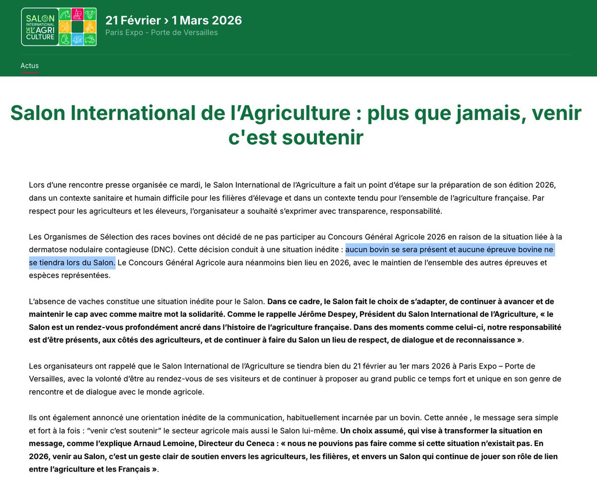 Salon International de l’Agriculture (SAI) : aucun bovin se sera présent et aucune épreuve bovine ne se tiendra lors du Salon 2026.