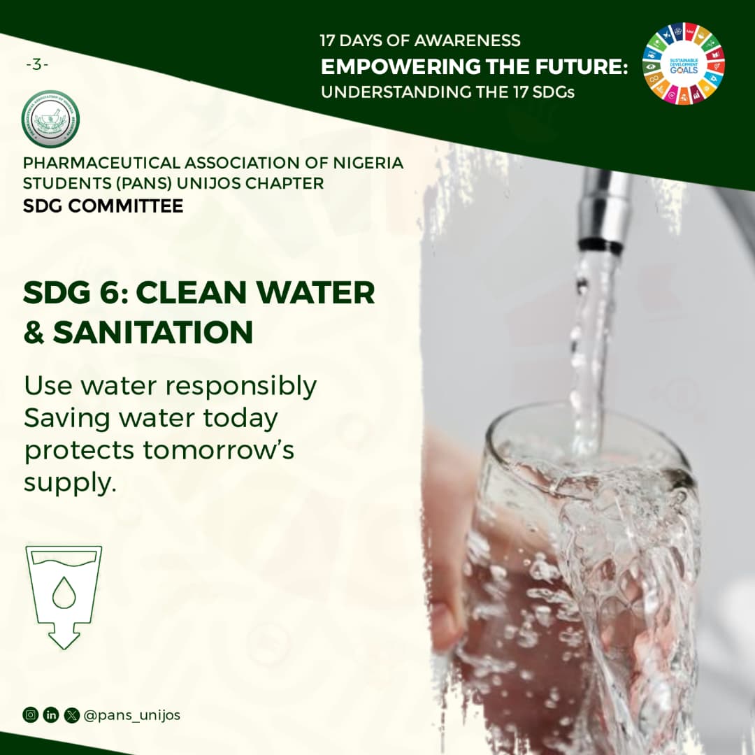 Pans_Unijos's tweet photo. DAY 6 | SDG 6 🚰💧
Clean water is a basic human right, not a luxury.
Use water wisely today to protect our health and future. 🌍💙 https://t.co/UFfhsJYHWr