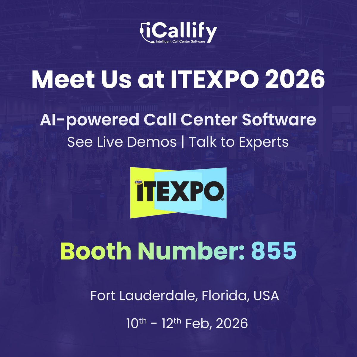 🚀 Meet iCallify at ITEXPO 2026!

Experience AI-powered call center software with live demos &amp; expert insights.

📍 Fort Lauderdale, USA
📅 Feb 10–12, 2026
🎯 Booth #855

👉 Visit us: icallify.com/itexpo-2026/?u…

#ITEXPO2026 #iCallify #AIinCX #CallCenter #ContactCenter #B2BTech