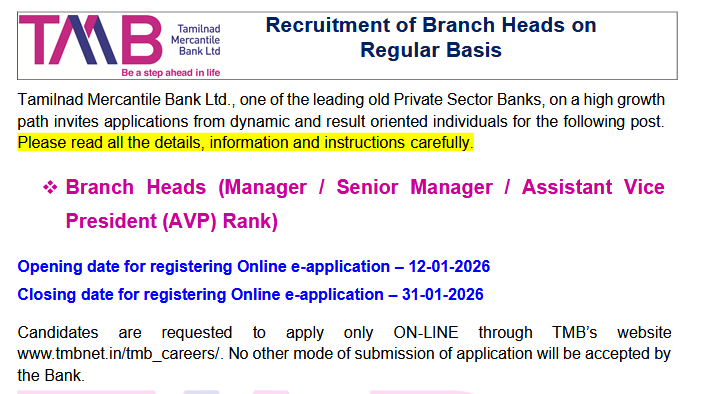 ComputerAcade's tweet photo. ✅ Tamilnad Mercantile Bank Branch Head Recruitment 2026 – Apply Online for 20 Vacancies | Last Date: 31/01/2026 https://t.co/NrWhdotxtb