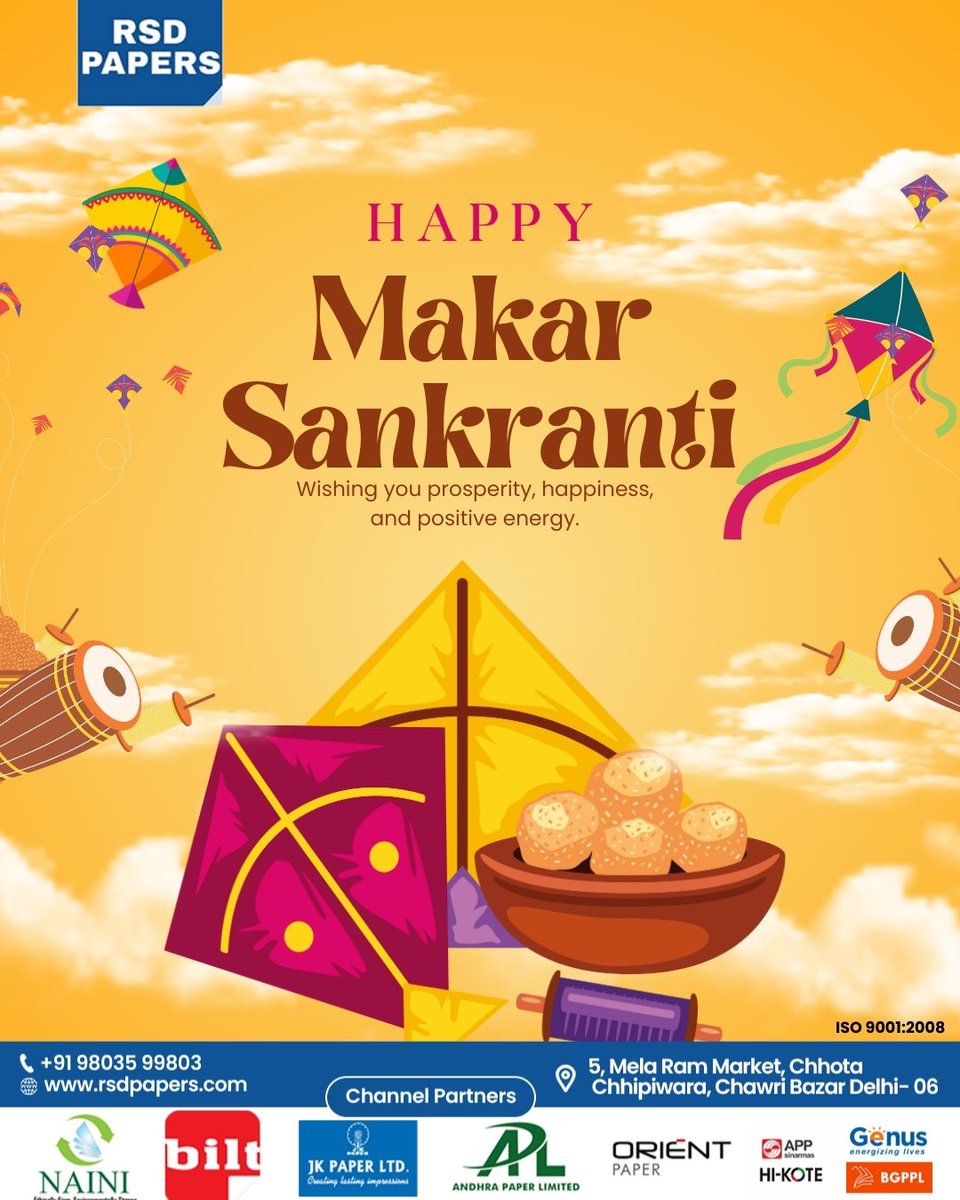 rsdpapers1970's tweet image. May this Makar Sankranti bring growth 📈, smooth workflows 🗂️, and strong partnerships 🤝.
Wishing you prosperity and progress with every sheet.
Warm wishes from RSD Papers 📄✨

#HappyMakarSankranti #RSDPapers #QualityPaper #PaperIndustry #TrustedPaper