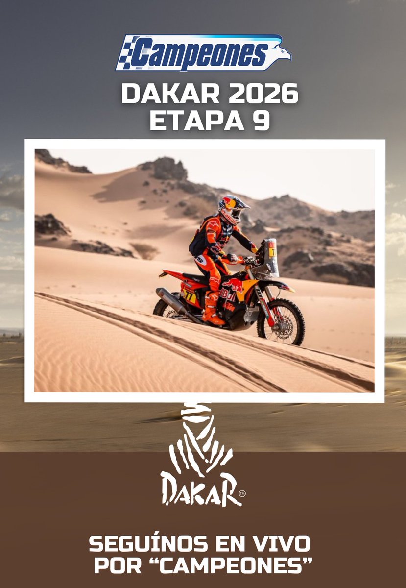 Campeonesnet's tweet image. #Dakar2026 | ⏳ ¡EN MINUTOS! Viví la Etapa 9 del Rally Dakar en Arabia Saudita con #Campeones.  

Podés seguirnos junto a @lonchilegnani y @andresgalasso a través de nuestro canal de YouTube ingresando a 👉 youtube.com/@campeonesradio

También estamos a través de #CampeonesRadio…