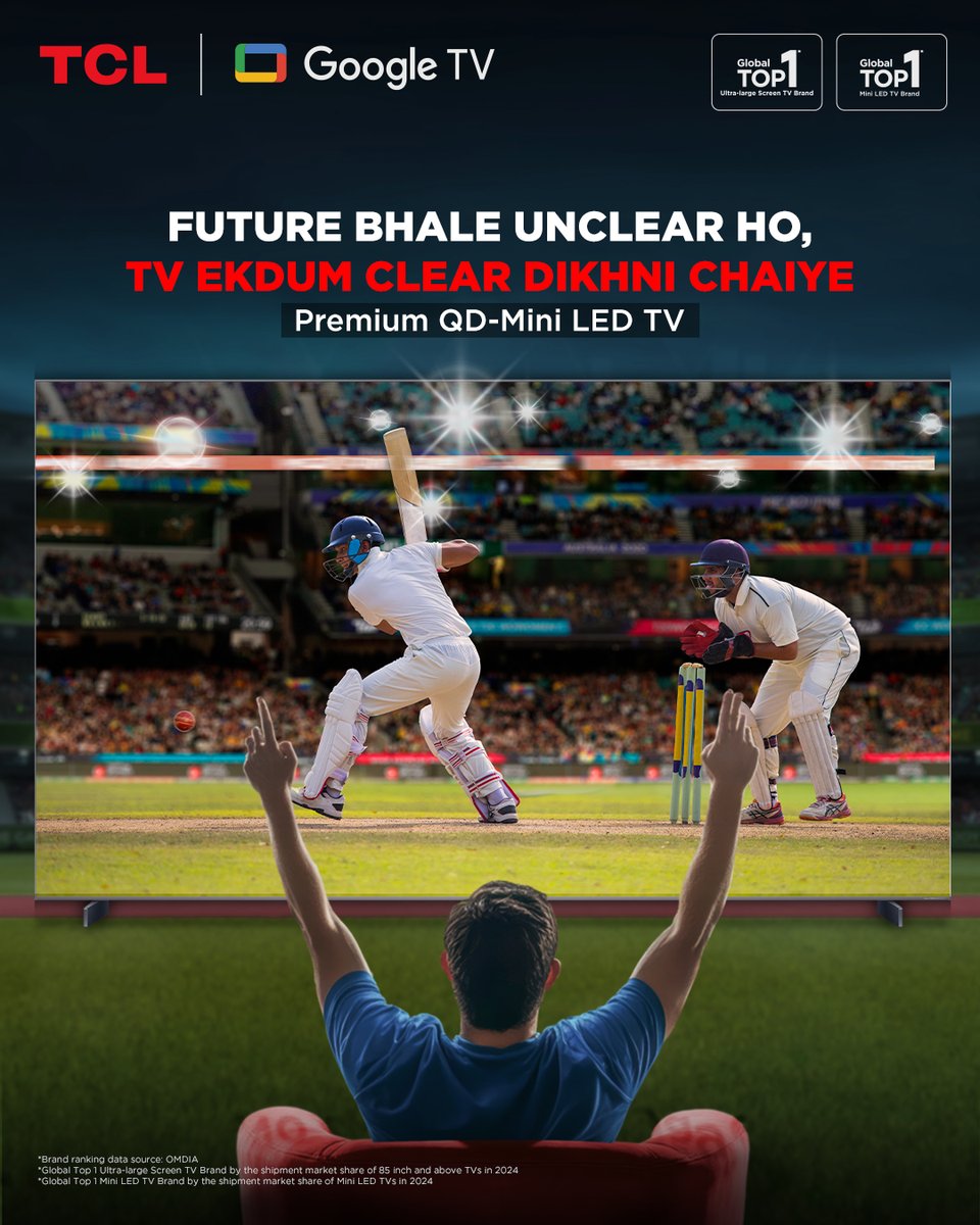 tcl_india's tweet photo. Big moments deserve big clarityExperience cricket on TCL β¨
#TCL #QDMinLED #CricketTime #PremiumTV #GoogleTV
(High Brightness, Motion Clarity, Sports Experience, TCL) https://t.co/IH9Z921Mpd