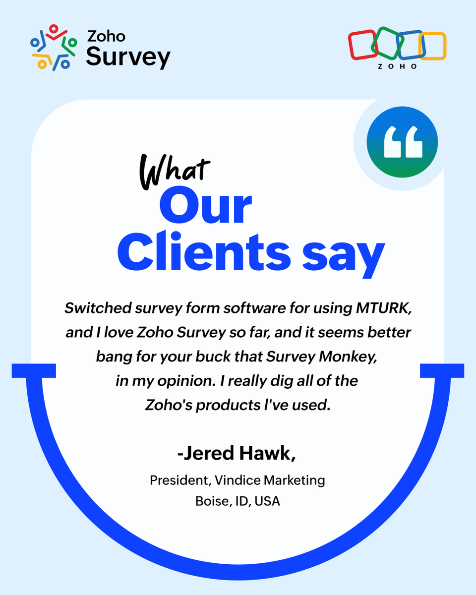 ZohoSurvey's tweet image. Every insight from our #customers makes us better. Simple to use, flexible enough to grow with you, and built to deliver real value. Thanks for sharing your experience with Zoho Survey.

#Zoho #SurveyFeedback #ProductFeedback