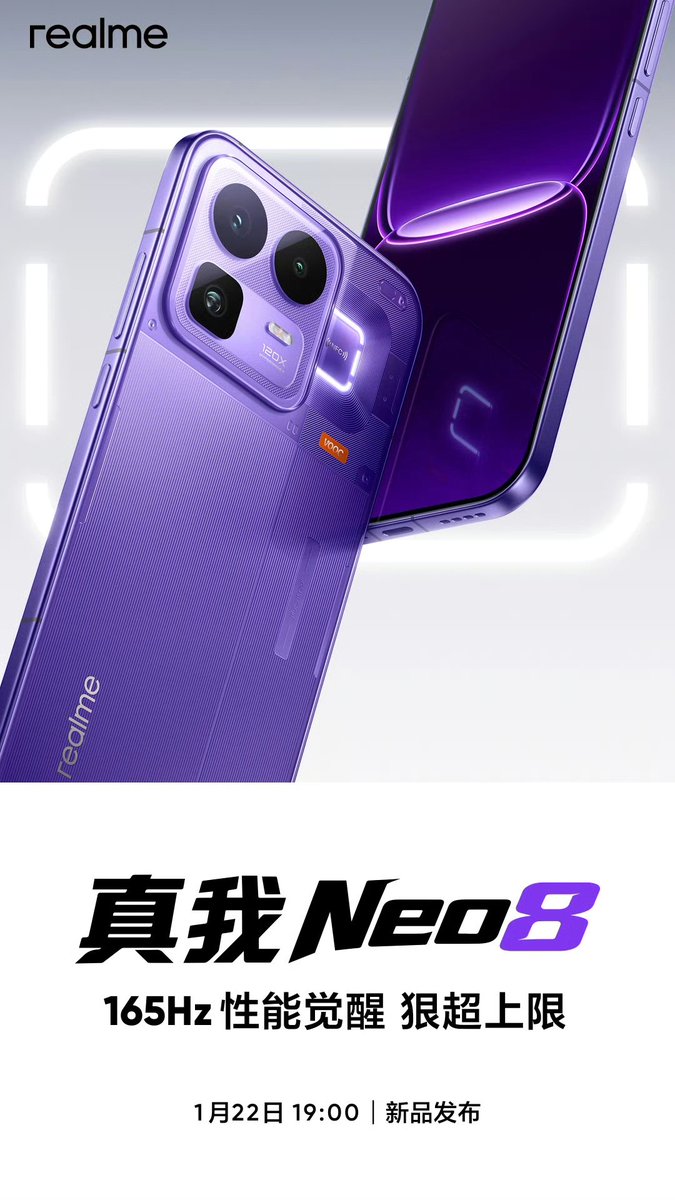 TechAlertNow's tweet image. Realme Neo8
📅 Launching on 22nd January in China 🇨🇳
#realme #realmeNeo8