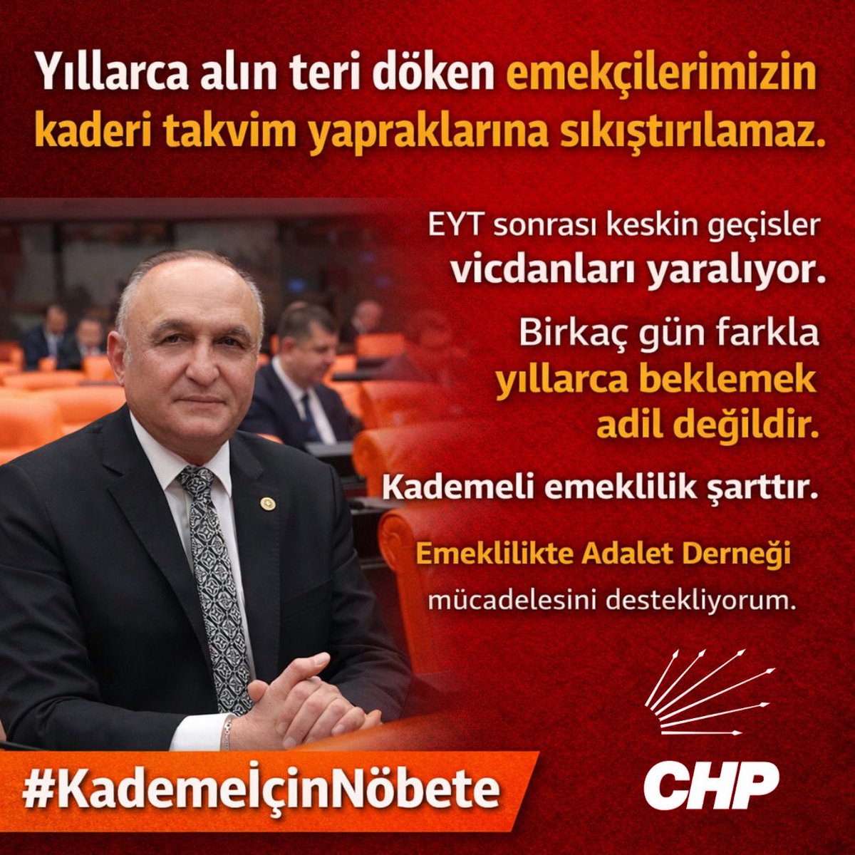 Yıllarca alın teri döken emekçilerimizin kaderi takvim yapraklarına sıkıştırılamaz. 

EYT sonrası keskin geçişler vicdanları yaralıyor. Birkaç gün farkla yıllarca beklemek adil değildir. Kademeli emeklilik şarttır. 

Emeklilikte Adalet Derneği (<a href="/EmadDernegi/">EMEKLİLİKTE ADALET DERNEĞİ ⚖️</a> ) mücadelesini