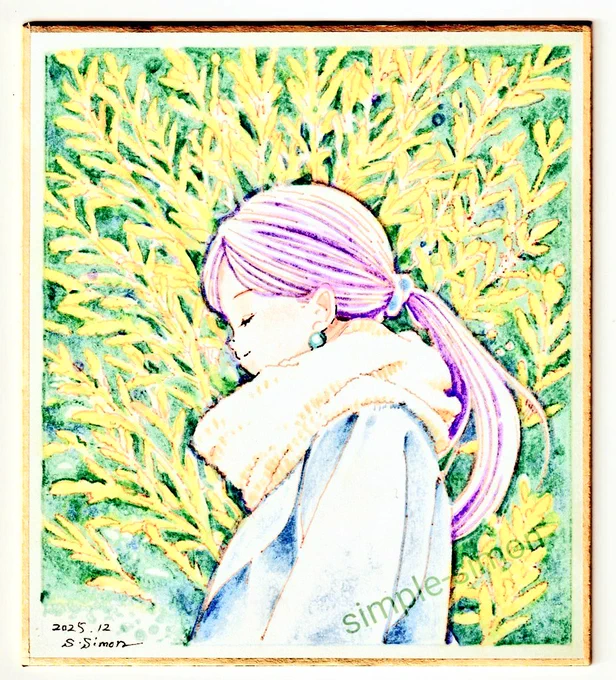 【また宣伝です§】 ギャラリー #IYN 様でミニ個展開いてます。下のリンクからご覧下さいませ。通販もご利用くださいリンク先の画像中、ミニ色紙のタイトルが隠れているものを紹介します。 左上から「セントポーリア」「ゴールドクレスト」「ハルジオン」「ナンテン」です。