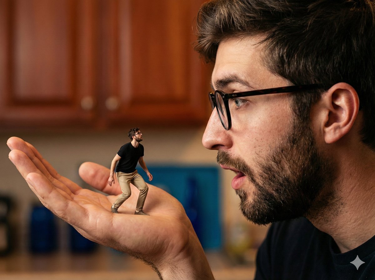 This AI image generation style focuses on hyper-realistic and surreal compositions, utilizing forced perspective to create dramatic contrasts in scale, particularly showcasing emotional expressions and intricate details in a realistic environment.