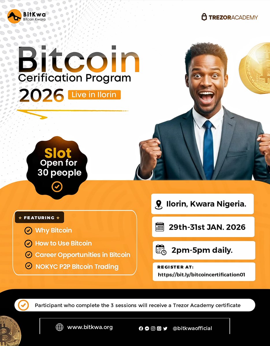 Bitcoin Certification Program (Live in Ilorin) Learn Bitcoin, career paths  & No-KYC P2P trading in a 3-day hands-on training with BitKwa &  @TrezorAcademy 📍 Ilorin | 📅 Jan 29–31 | ⏰ 2–5pm