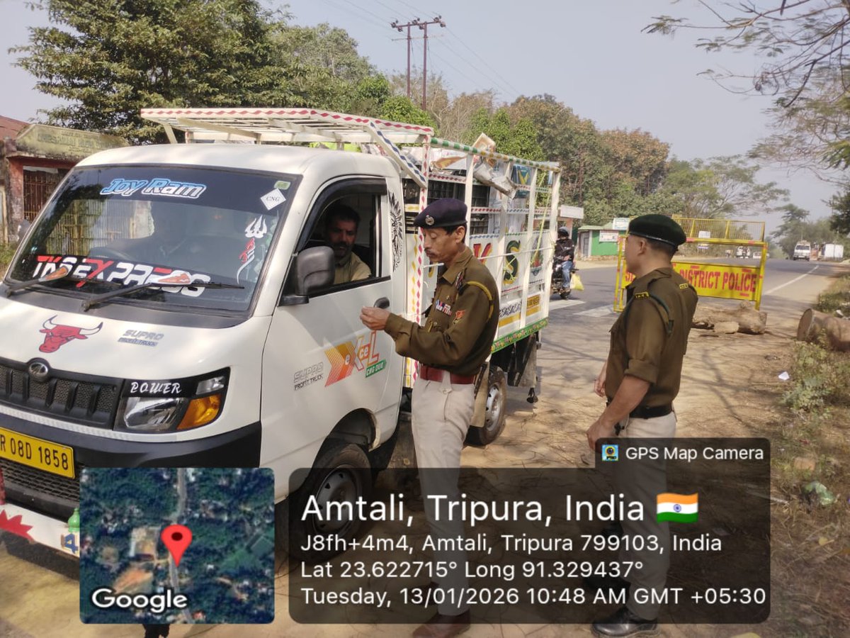 Vehicle-checking drive is being conducted by the Bishramganj PS within PS jurisdiction, to ensure strict enforcement of Motor Vehicle rules and regulations and to prevent road mishaps.
<a href="/Tripura_Police/">Tripura Police</a> 
<a href="/tripura_cmo/">CMO Tripura</a> 
<a href="/dm_sepahijala/">DM Sepahijala</a>
