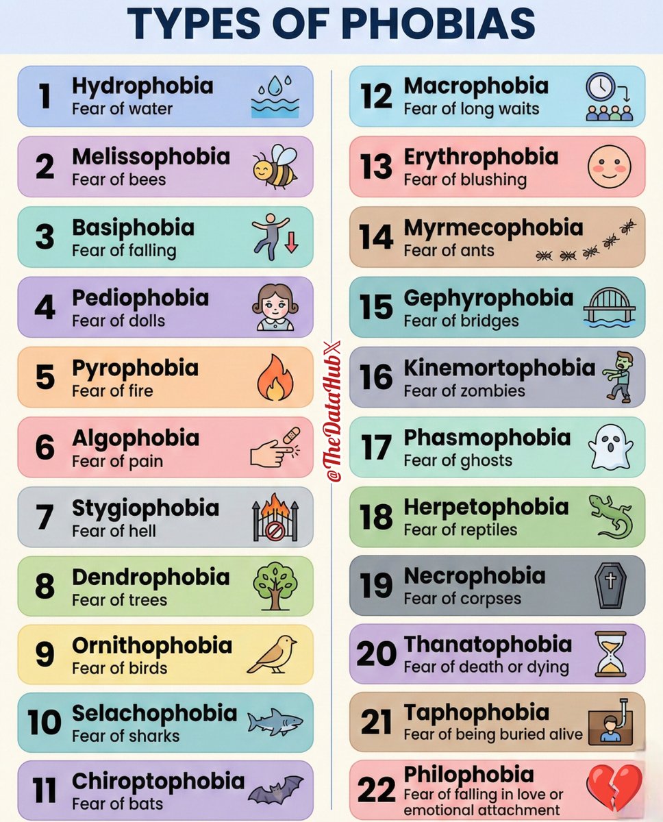 TheDataHubX's tweet image. Types of Phobias

1) Hydrophobia → Fear of water
2) Melissophobia → Fear of bees
3) Basiphobia → Fear of falling
4) Pediophobia → Fear of dolls
5) Pyrophobia → Fear of fire
6) Algophobia → Fear of pain
7) Stygiophobia → Fear of hell
8) Dendrophobia → Fear of trees
9)…