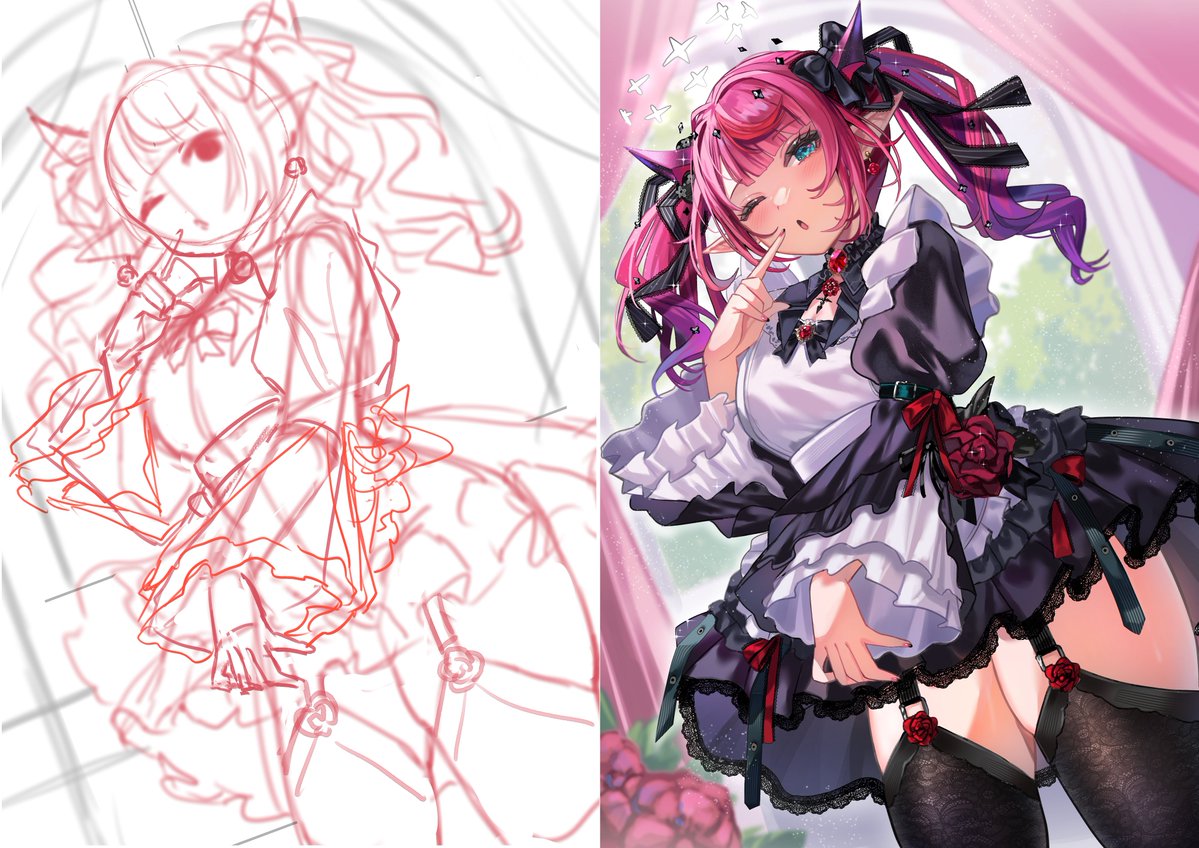 HaruuuuKuma's tweet image. Sketch vs final :3
I actually made some mistakes on the final art piece cuz my sketch was so messy 😭