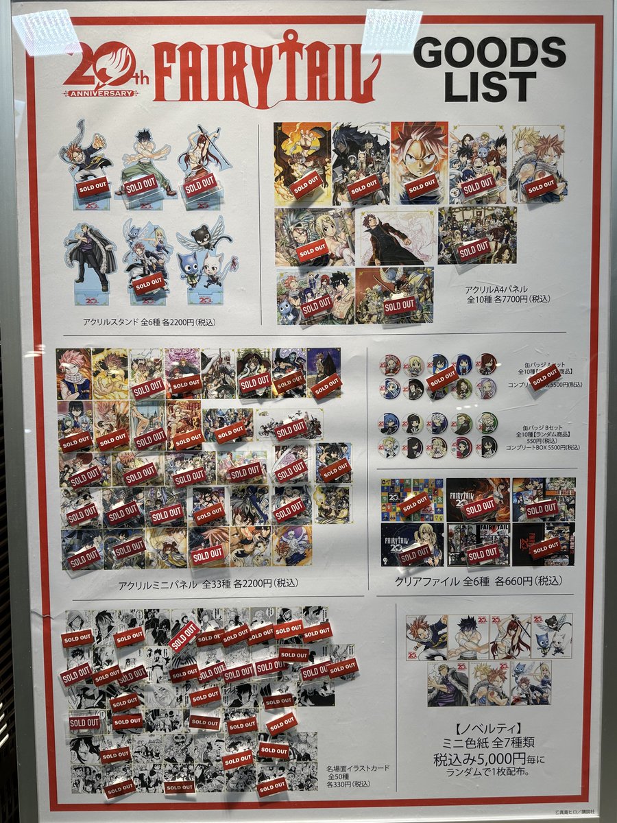 FAIRY TAIL POP UP 20周年　アクリルA4パネル FAIRY TAIL 連載20周年記念POPUP！ 本日閉店時の在庫状況は画像をご
