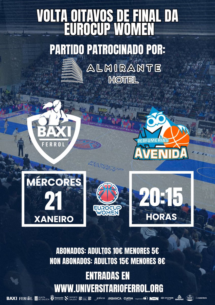 🔔 Lembranza importante!

Xa están á venda as entradas para a volta 1/8 da EuroCup Women fronte <a href="/CBAvenida/">Perfumerías Avenida</a> , para abonados e público en xeral.

📅 Mércores 21 
⏰ 20:15 horas
📍 A Malata
🎟 Prezos

Abonados: Adultos 10€ · Menores 5€

Non abonados: Adultos 15€ · Menores 8€