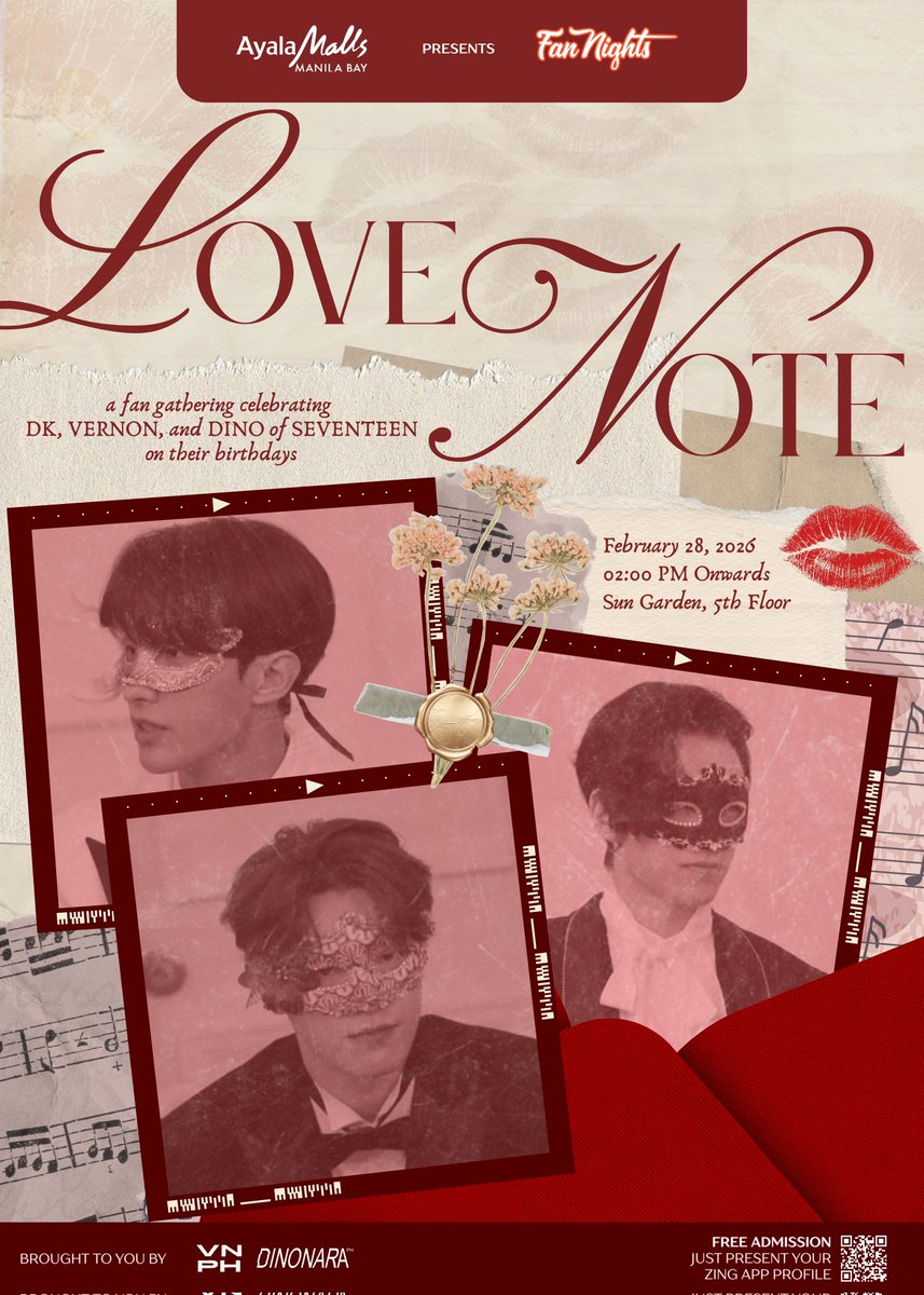 dinonaraph's tweet image. 𝙇𝙊𝙑𝙀 𝙄𝙎 𝙄𝙉 𝙏𝙃𝙀 𝘼𝙄𝙍…
𝘼𝙉𝘿 𝙎𝙊 𝙄𝙎 𝙏𝙃𝙀 𝙈𝙐𝙎𝙄𝘾. 🎼

A fan gathering celebrating
DK, VERNON, and DINO of SEVENTEEN —
three gorgeous princes, one unforgettable day. 🌹

Join us for LOVE NOTE,
where love letters are written in melodies and hearts beat…