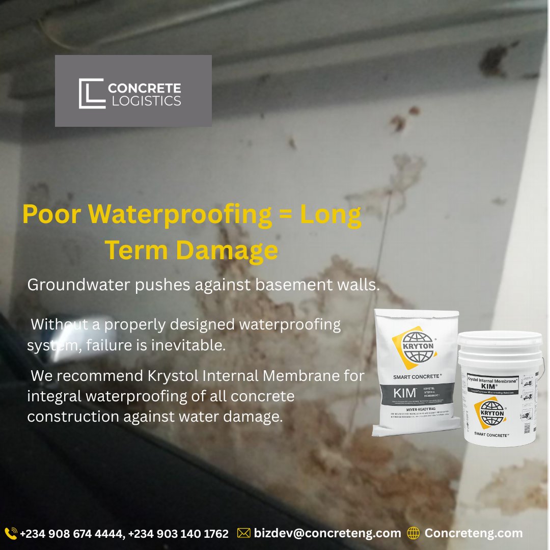 ConcreteLogLtd's tweet photo. Leaking basement and how KIM® crystalline waterproofing admixture is integral to the concrete itself, forming permanent protection against water intrusion and long-term damage.
#ConcreteLogistics #BasementWaterproofing #WaterproofingLagos #Construction https://t.co/GDeDbeqJ3C