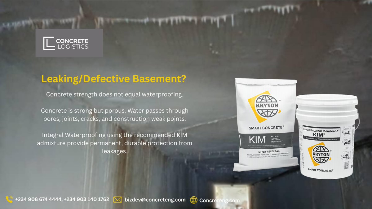 ConcreteLogLtd's tweet photo. Leaking basement and how KIM® crystalline waterproofing admixture is integral to the concrete itself, forming permanent protection against water intrusion and long-term damage.
#ConcreteLogistics #BasementWaterproofing #WaterproofingLagos #Construction https://t.co/GDeDbeqJ3C