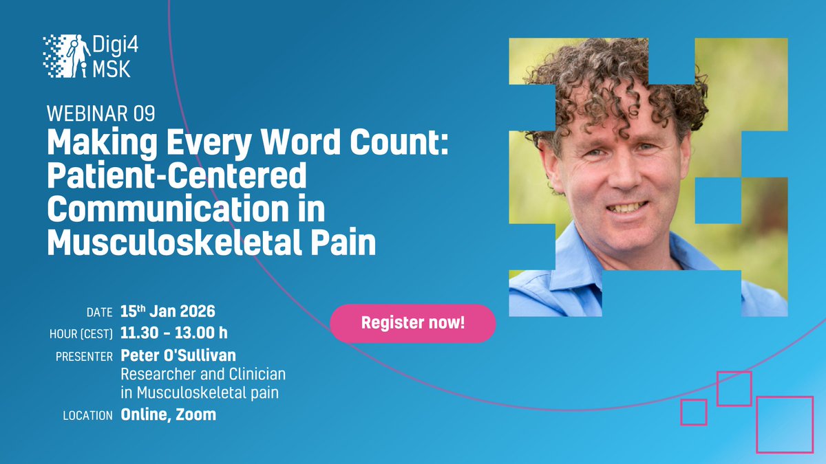 Digi4MSK's tweet image. ⏳ Just 2 days left!

Join us on Jan 15 for a free #DIGI4MSK webinar with Prof. Peter O’Sullivan on patient-centered communication in MSK pain care.

🕥 11:30–13:00 CET | 💻 Online | 🆓
us06web.zoom.us/webinar/regist…

#MSKpain #HealthLiteracy #DigitalHealth #Webinar #HCPs #PainCare