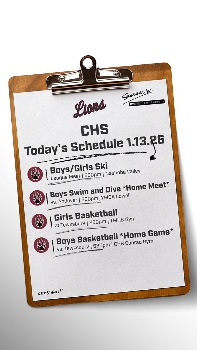 _LionsAthletics's tweet image. Today’s Schedule 
🎿 
🏊‍♂️ @CHSBoysSwimDive 
🏀 @CHS_Girls_Hoop 
🏀 @CHS_boyshoop 
🎟️ gofan.co/app/school/MA1…
@CHSASBoosters @CHS_Tundra @CPSchoolsMA