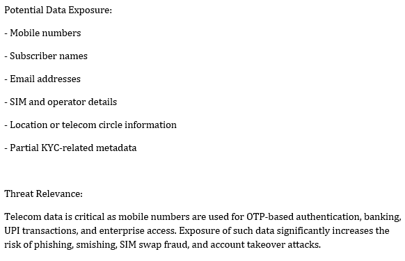 ResearchMalware's tweet photo. 🚨 𝗧𝗵𝗿𝗲𝗮𝘁 𝗔𝗹𝗲𝗿𝘁 | 𝗜𝗻𝗱𝗶𝗮 𝗧𝗲𝗹𝗲𝗰𝗼𝗺
A threat actor claims access to a 𝟏𝟐𝟎+ 𝐆𝐁 𝐝𝐚𝐭𝐚𝐛𝐚𝐬𝐞 allegedly containing 𝐈𝐧𝐝𝐢𝐚𝐧 𝐭𝐞𝐥𝐞𝐜𝐨𝐦 𝐬𝐮𝐛𝐬𝐜𝐫𝐢𝐛𝐞𝐫 𝐝𝐚𝐭𝐚
linked to ����𝐢𝐨, 𝐀𝐢𝐫𝐭𝐞𝐥 &amp; 𝐕𝐨𝐝𝐚𝐟𝐨𝐧𝐞 𝐈𝐝𝐞𝐚 (𝐕𝐢). https://t.co/UiEErCzKkg