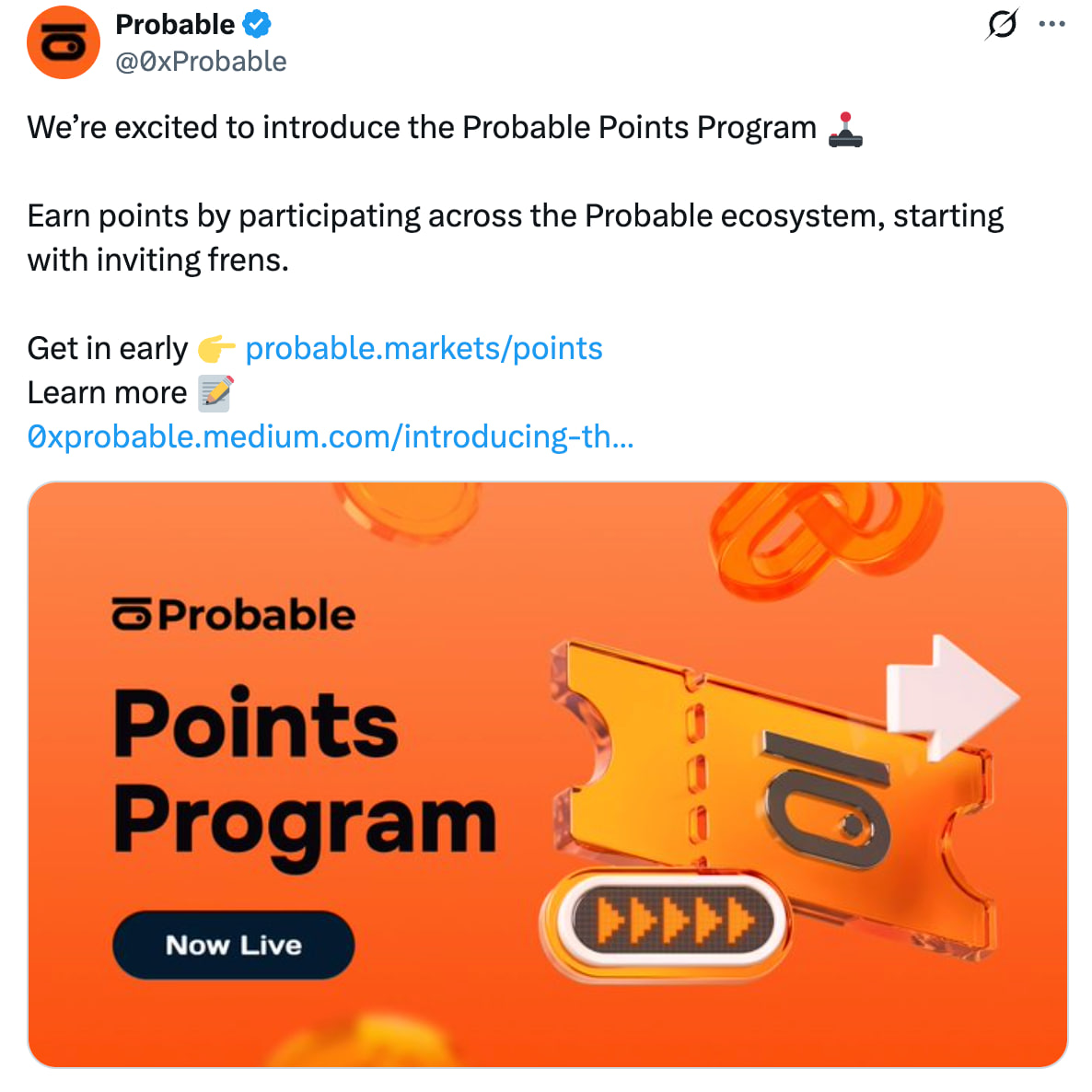 🟠 #Probable Points Program is Live! Probable is a new prediction market  backed by PancakeSwap and YZi Labs (Binance). ✓ Join Probable:  https://t.co/gYYVdgdMUN Hurry Up! The earliest users farm the best ratio