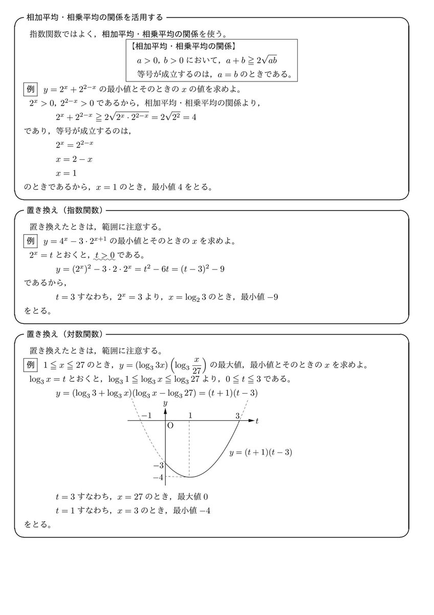 数学II指数対数関数の公式、ポイントまとめです。常用対数の桁数、最高位の処理や対数 のおよその値を求めたりできるように。不等号の向きや、今年はグラフにも注意。→続く