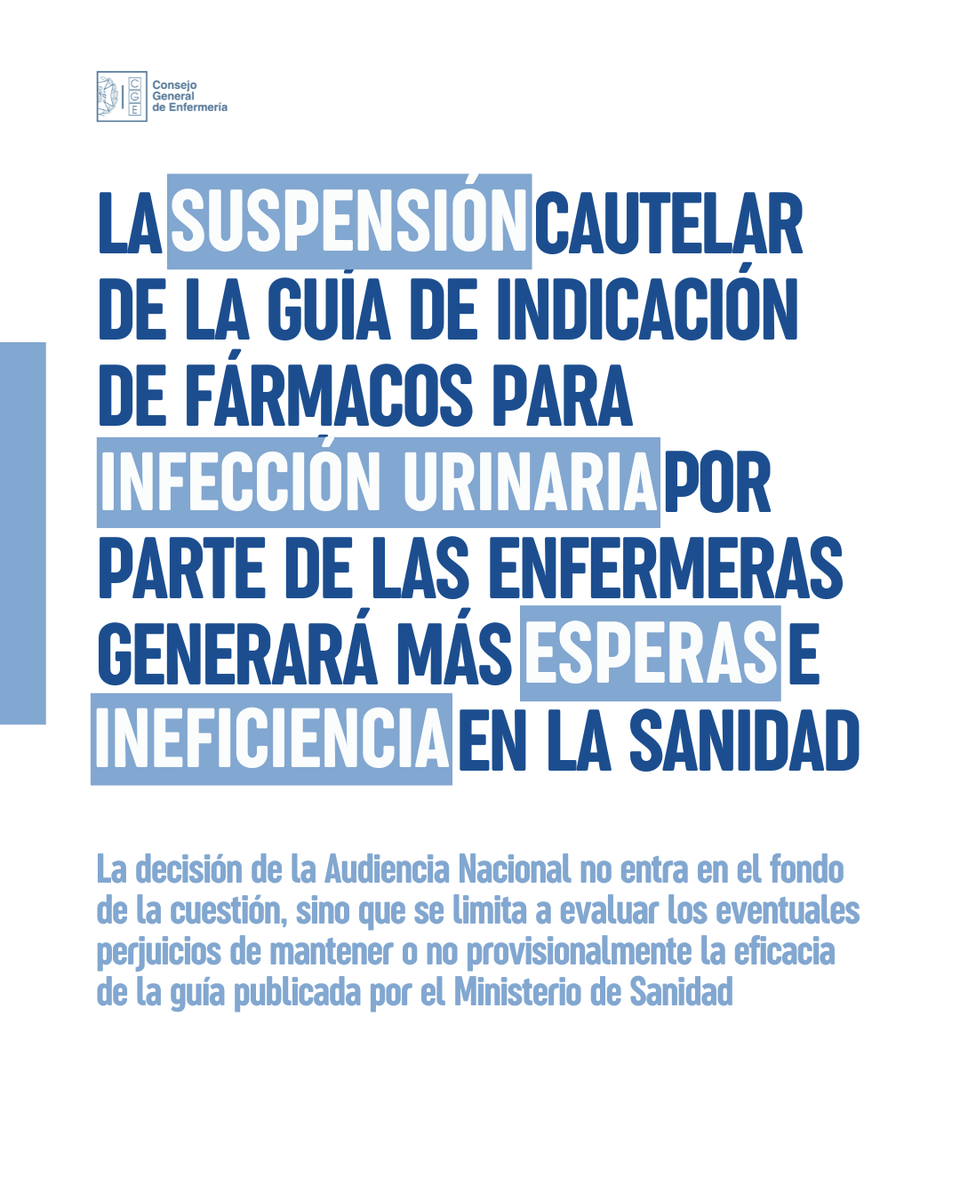 CGEnfermeria's tweet photo. 🔴 Nueva nota de prensa

❌ La suspensión cautelar de la guía de indicación de fármacos para infección urinaria por parte de las enfermeras generará más esperas e ineficiencia en la Sanidad https://t.co/xPU0937gjM