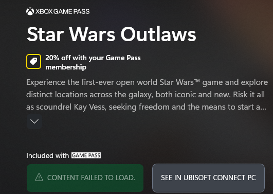 Rediroth's tweet photo. @XboxGamePass @StarWarsOutlaws Working as intended ? https://t.co/qJOfJJiUZI