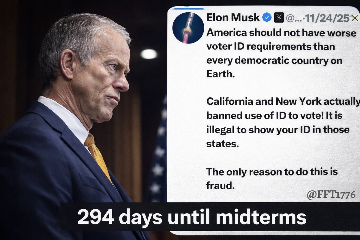 FFT1776's tweet image. 🚨MIDTERMS - 294 days!
🇺🇸Pass the Save Act

Bring it to the floor for a vote. Expose the traitors.

Voter ID - Same Day Voting - Paper ballots 

Deliver the mandate.  We voted. You’re all ignoring us. 

Thune, when will you address this?