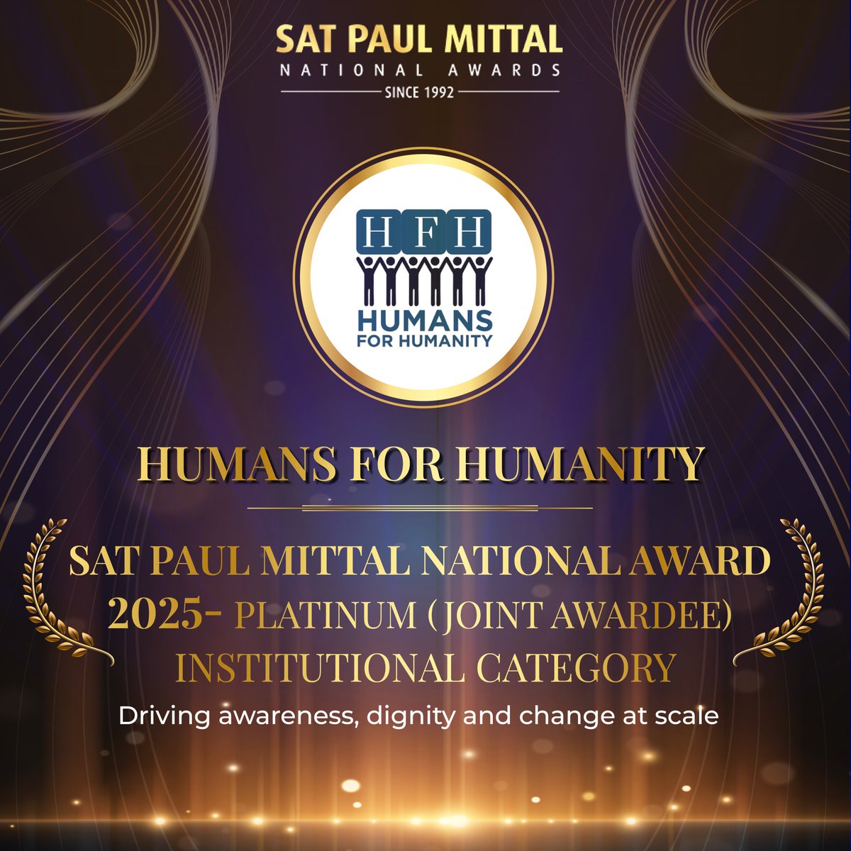 Humans for Humanity, honoured with the Sat Paul Mittal National Award 2025 (Platinum) under Institutional Category, continues to shift mindsets and uplift communities by challenging menstrual stigma, enabling sustainable hygiene practices and reaching millions through awareness.