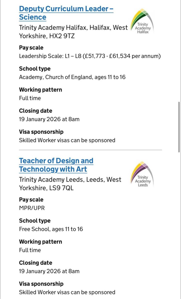 NursejoyWilliam's tweet photo. 🇬🇧 Looking to teach in the UK with visa sponsorship?
Here are schools currently recruiting (as of January 5, 2026) — apply now!

Turn your teaching dream into a British reality 🇬🇧✨

📌 Tips Before You Apply
 • Use keywords like “visa sponsorship” or “Skilled Worker visa” when searching on:
 • https://t.co/T61DwG68Ny
 • https://t.co/LvGKpfBfZU

1️⃣ Make sure the salary meets the UK Skilled Worker visa threshold (typically around £25,000 or the regional teacher minimum).

2️⃣ Having a teaching qualification helps, but don’t worry if you don’t have QTS yet — this can be obtained later.

3️⃣ Clearly state in your cover letter that you require visa sponsorship so schools are aware from the start.

📝 How to Apply
 1. Search for the school’s name on Google.
 2. Visit the school’s official website.
 3. Navigate to the Careers or Vacancies section.
 4. Review open roles and follow the application instructions carefully.

Kindly repost for more!!!

#TeachingJobs #UKTeaching #VisaSponsorship
