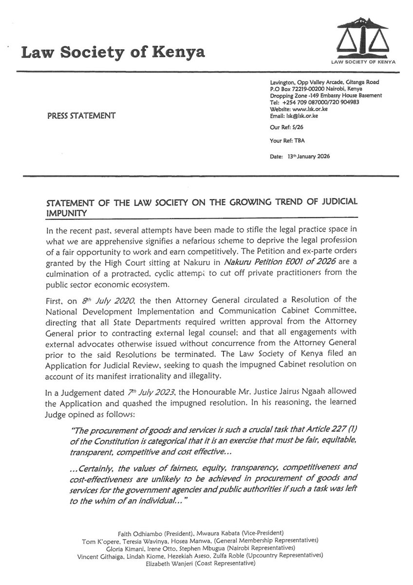 LawSocietyofKe's tweet photo. Statement of the Law Society of Kenya on the growing trend of Judicial impunity. https://t.co/9ZDhuQoJyd