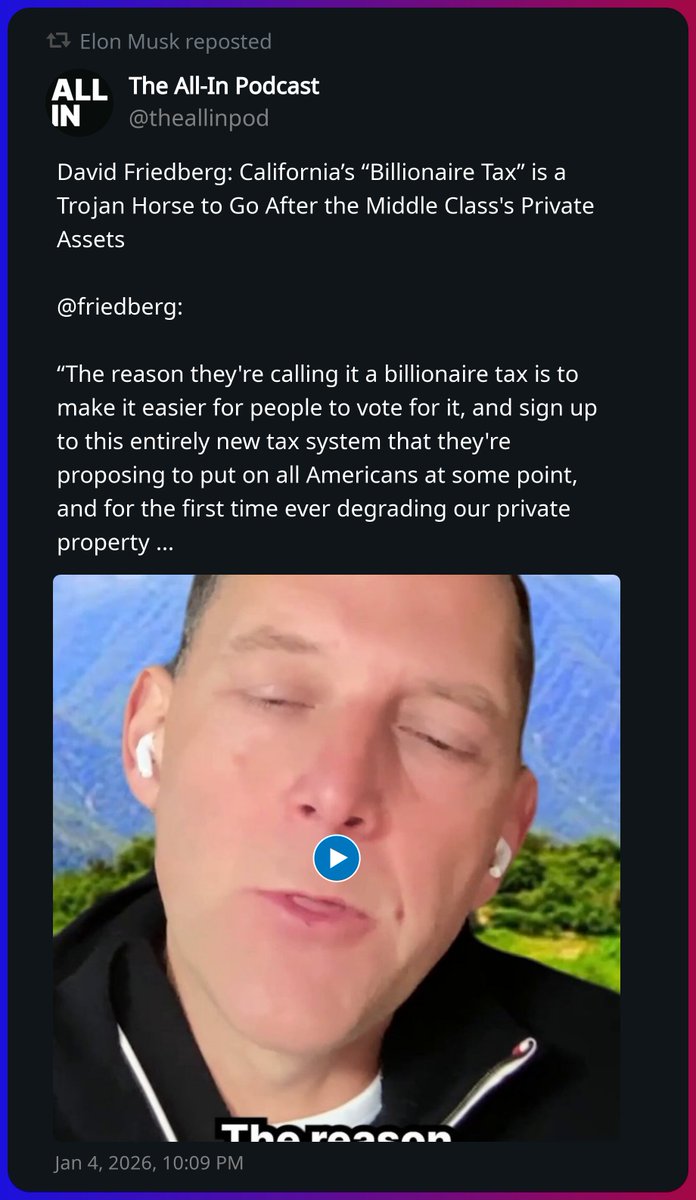 Elon Musk reposted a post from The All-In Podcast https://t.co/A5r4HHqtf7