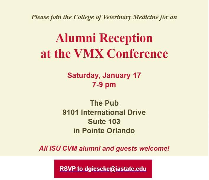 Please join me and fellow <a href="/ISUVetMed/">ISU Vet Med</a> alumni in Orlando at VMX! RSVP to dgieseke@iastate.edu
GO CYCLONES!