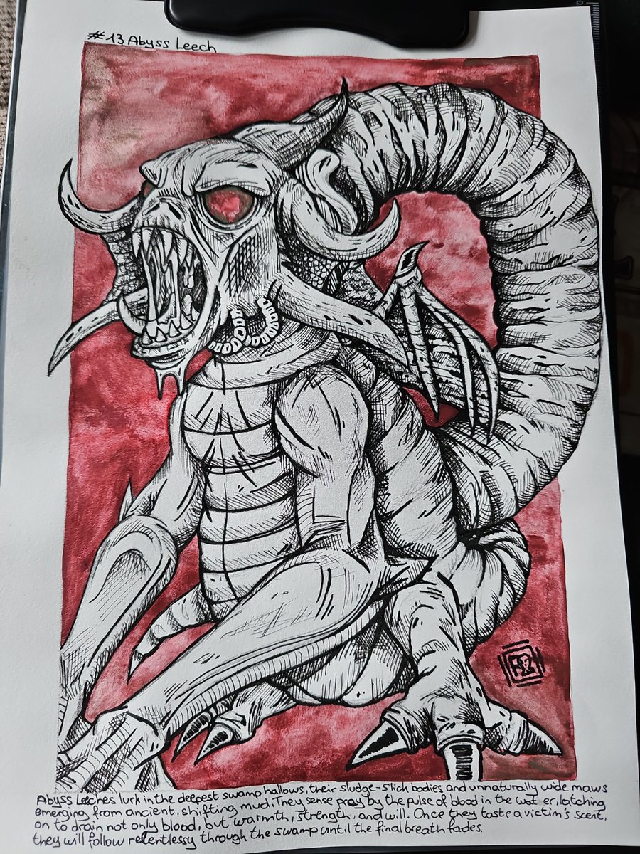 FireCave_Art's tweet photo. Abyss Leeches lurk in the deepest swamps, sensing prey by the pulse of blood in the water.
They drain warmth, strength, and will, relentlessly following their victims until the final breath fades 🩸

#creaturejanuary #firecaveworld #fantasy #creature #monster #horror #swamp #sketch #吸血 #世界観