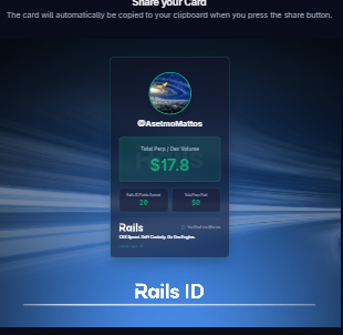 AselmoMattos's tweet photo. Claimed my Rails ID. 20 Rails ID Points already locked in from my 17.8 total DEX volume.

The next step is starting an evaluation on Rails Play, the newest perps training ground from @rails_xyz, to earn boosted rewards.

Get your Rails ID: https://t.co/WXOa65xjnm https://t.co/X9fLxdGU1P
