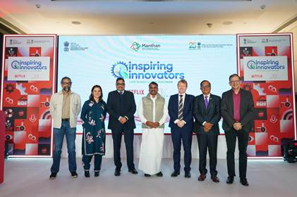 PIB_India's tweet photo. The Principal Scientific Adviser (PSA) to the Government of India, Prof. Ajay Kumar Sood joined MoS @DrLMurugan, Secretary, @MIB_India Sanjay Jaju; Netflix & Graphiti Studios team; innovators and students to mark the culmination of ‘Inspiring Innovators – Naye Bharat Ki Nayi Pehchaaan’, a skilling initiative developed in collaboration with the ‘Netflix Fund for Creative Equity’

Implemented in partnership with Graphiti Studios, the initiative brings together India’s innovation and creative ecosystems to promote socially relevant innovation through storytelling and hands-on skilling

The initiative showcases the contributions of eight Indian start-ups identified by OPSA for their work in driving social-impact innovation

Read here: https://t.co/IEIQDQUHfC 

@PrinSciAdvOff