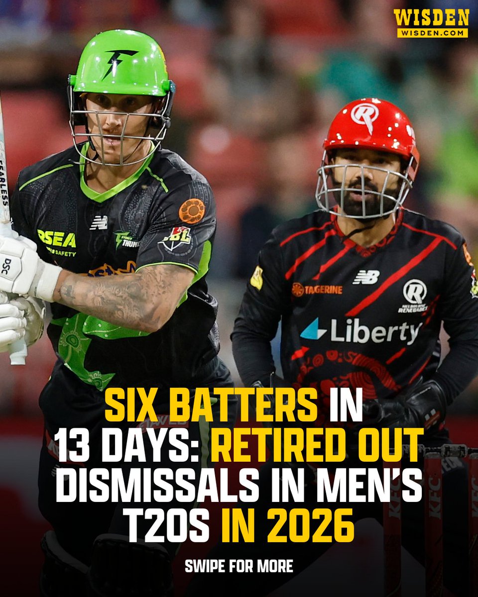 WisdenCricket's tweet photo. In the game against the Sydney Thunder yesterday, Mohammed Rizwan became the sixth batter to be retired out in men’s T20s in 2026.
#Cricket #BBL25 https://t.co/8cmJrYA0GJ