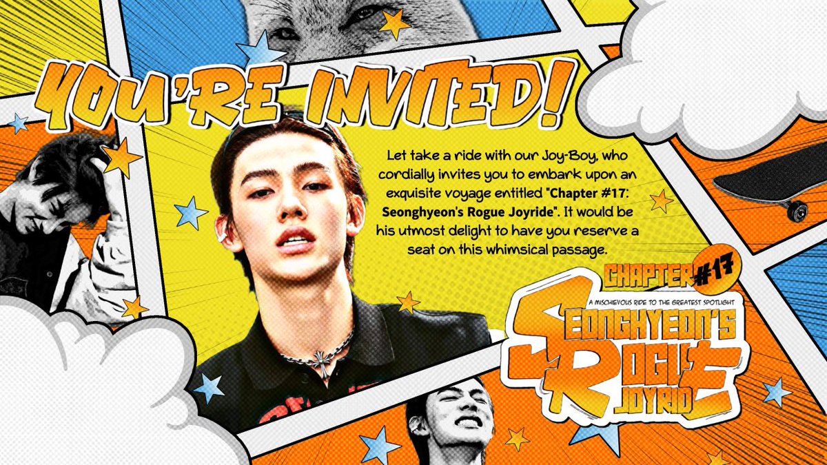 Jenniel's tweet image. ⦮ ⦯ His fox charm, dimpled mischief colored into this 𝗥𝗼𝗴𝘂𝗲 𝗝𝗼𝘆𝗿𝗶𝗱𝗲. ✮ I, Celine, drift through the scene, naturally pulled into the fun and ready to take a spotlight with Seonghyeon.🎢