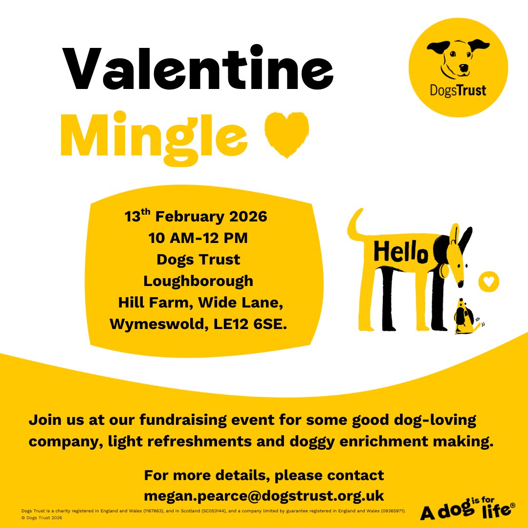 DT_Loughborough's tweet photo. Valentines plans? 💘😍

We've got you covered, with our Valentine Mingle! Support our pooches who are still looking for their perfect match 💓

You, us, cake and kibble - it's a date! 😘🐾 

#DogsTrust #DogsTrustLoughborough #ValentinesDay https://t.co/7KcVare0gF