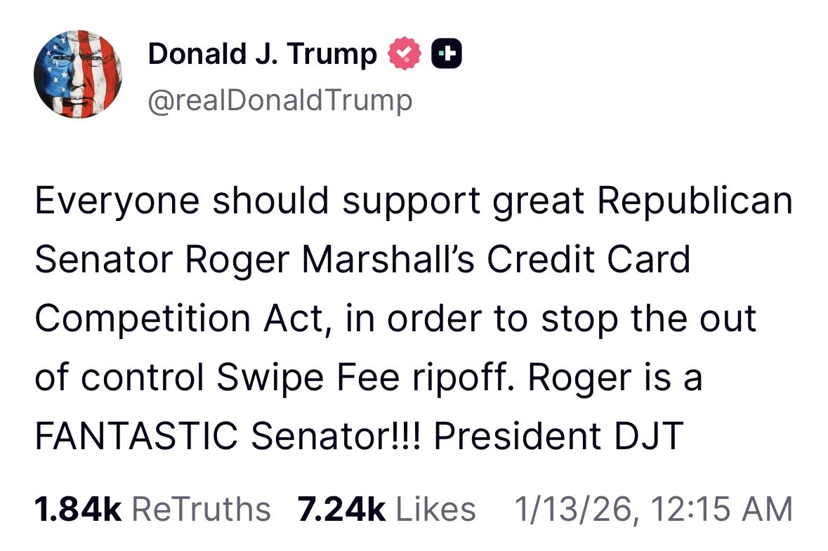 RogerMarshallMD's tweet image. Thank you, President Trump, for your support!

Big Banks rake in billions from credit card swipe fees — while hardworking Americans pay the price. Let’s end these fees and save families thousands.