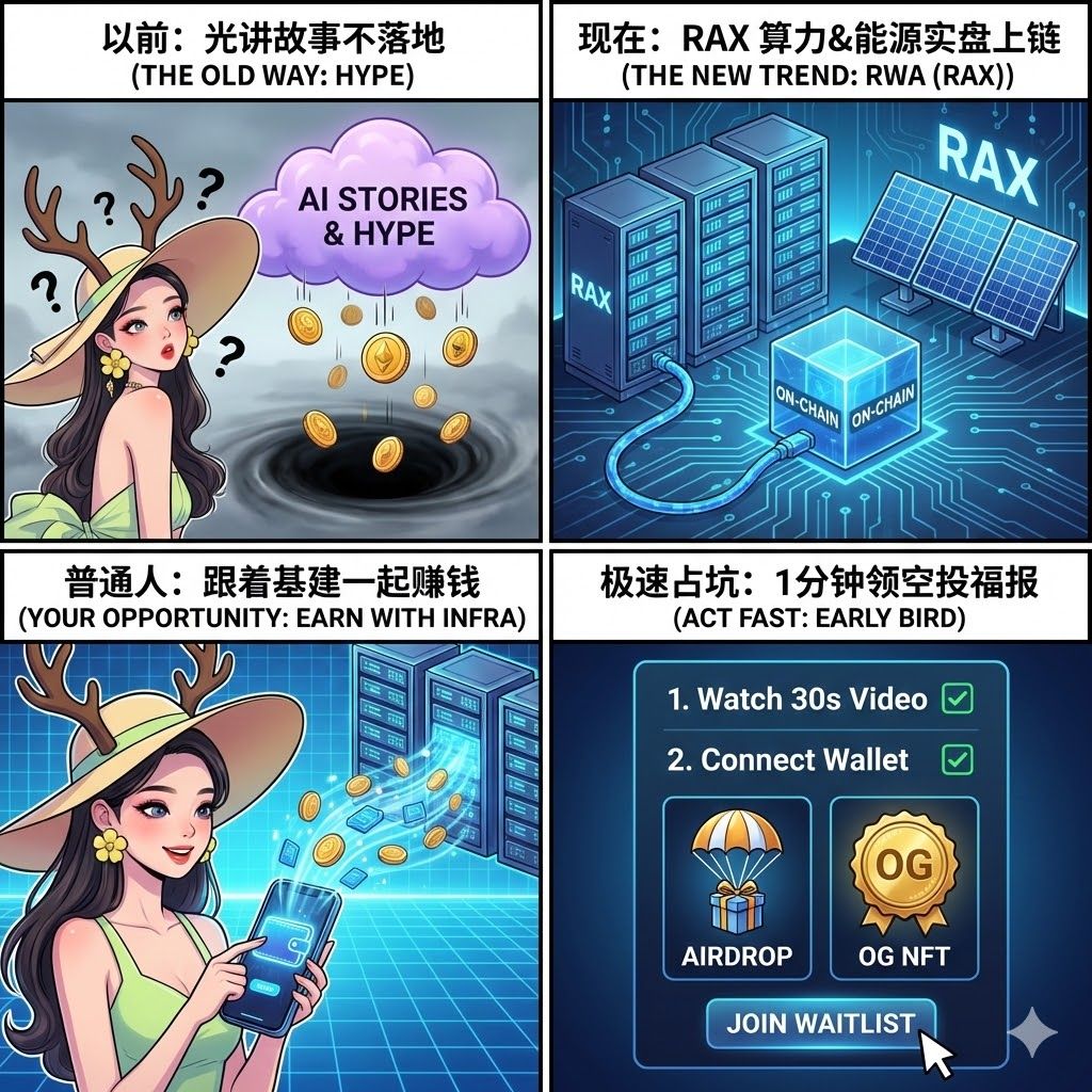 好久没送福利了，抽 #20个nft给大家留bsc地址即可，机器开奖

今年AI圈是真的沉下心做事了，以前刷到的项目全是未来蓝图，吹得天花乱坠却没半点实际落地，现在终于转向真实资产，尤其是AI最离不开的算力、能源这些硬设施，居然能通过区块链让普通用户参与了
 
大家可以看看RAX