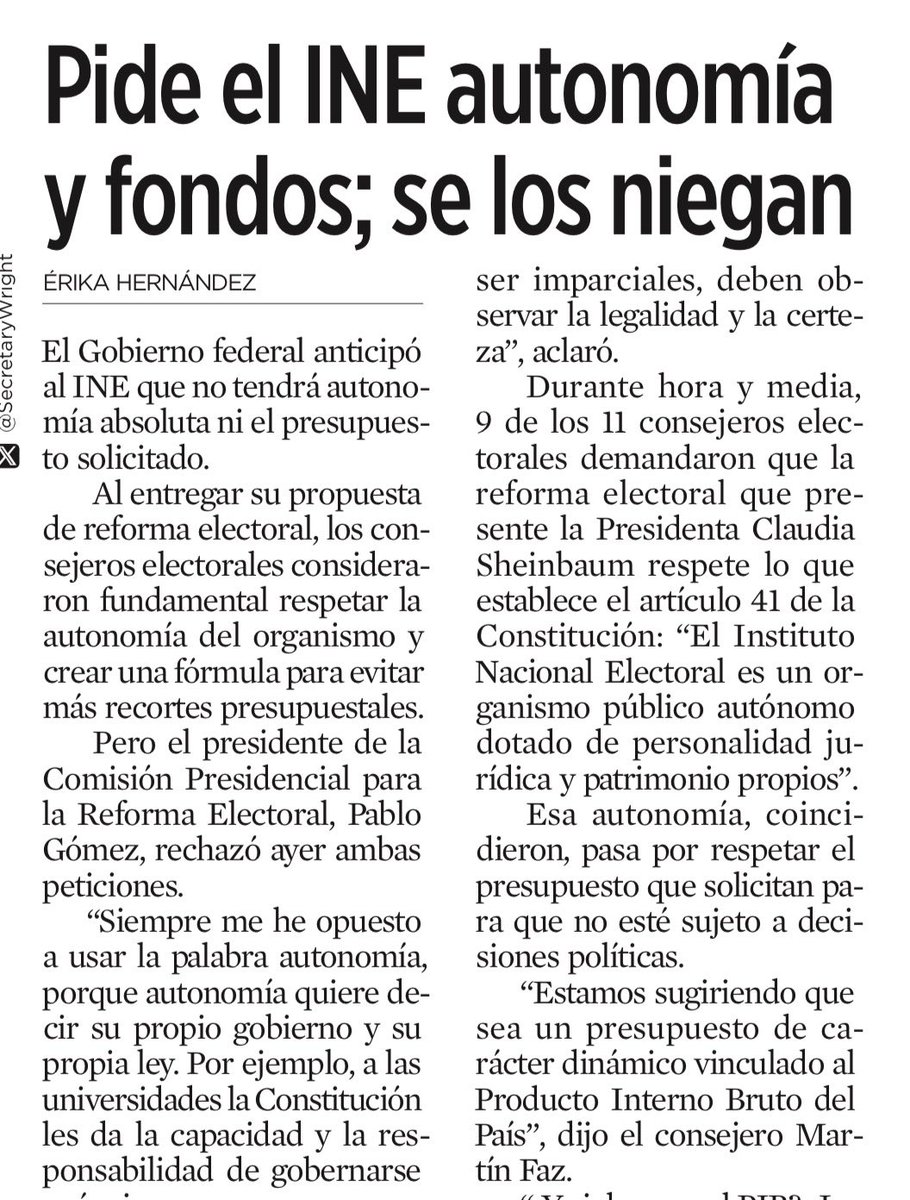 Pablo Gómez lo dijo sin rubor: el <a href="/INEMexico/">@INEMexico</a> no debe ser autónomo. No fue un desliz ni una frase suelta. Fue la confesión del modelo que quiere la 4T: un árbitro dócil, rebautizado como “ente administrativo”, con libertad para decidir… siempre que no decida fuera del guion.

La