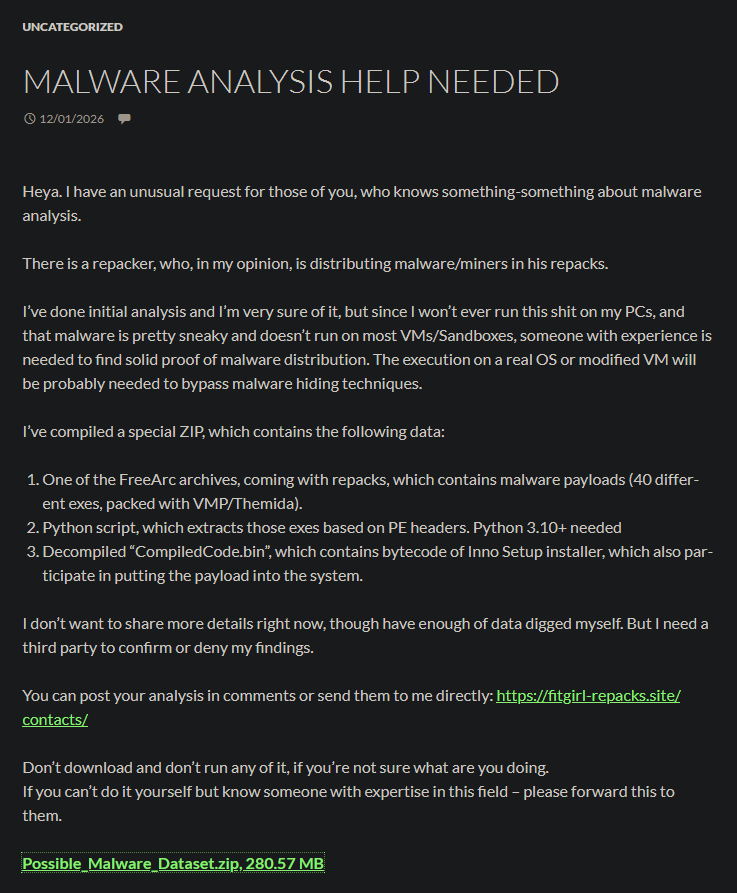 SenhorLinguica's tweet image. FitGirlRepack pede ajuda da comunidade.

Ela suspeita que outro repacker, está distribuindo malware/mineradores em seus lançamentos.

Ela precisa de alguém com profundo conhecimento nisso, pra analisar as provas e comprovar as suspeitas.