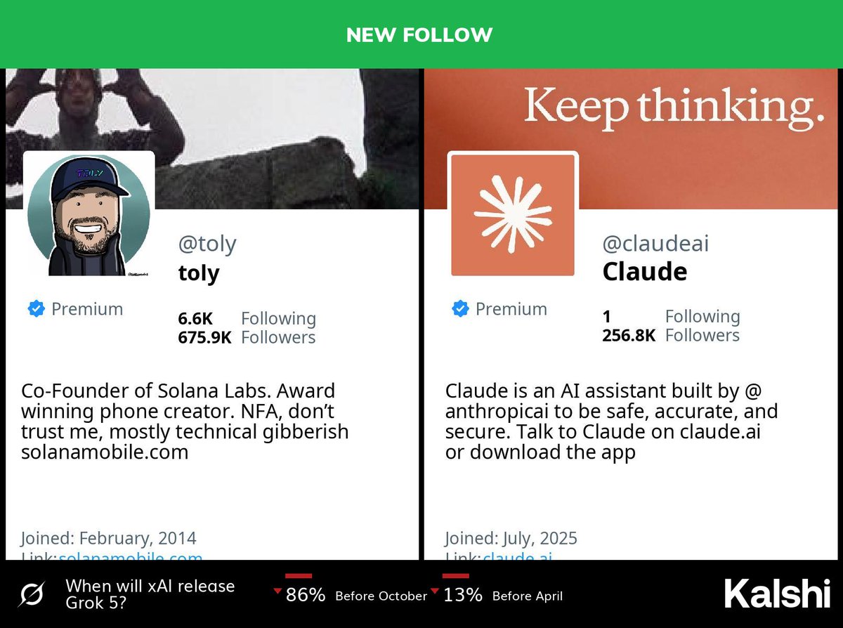 🆕 @toly has started following @claudeai