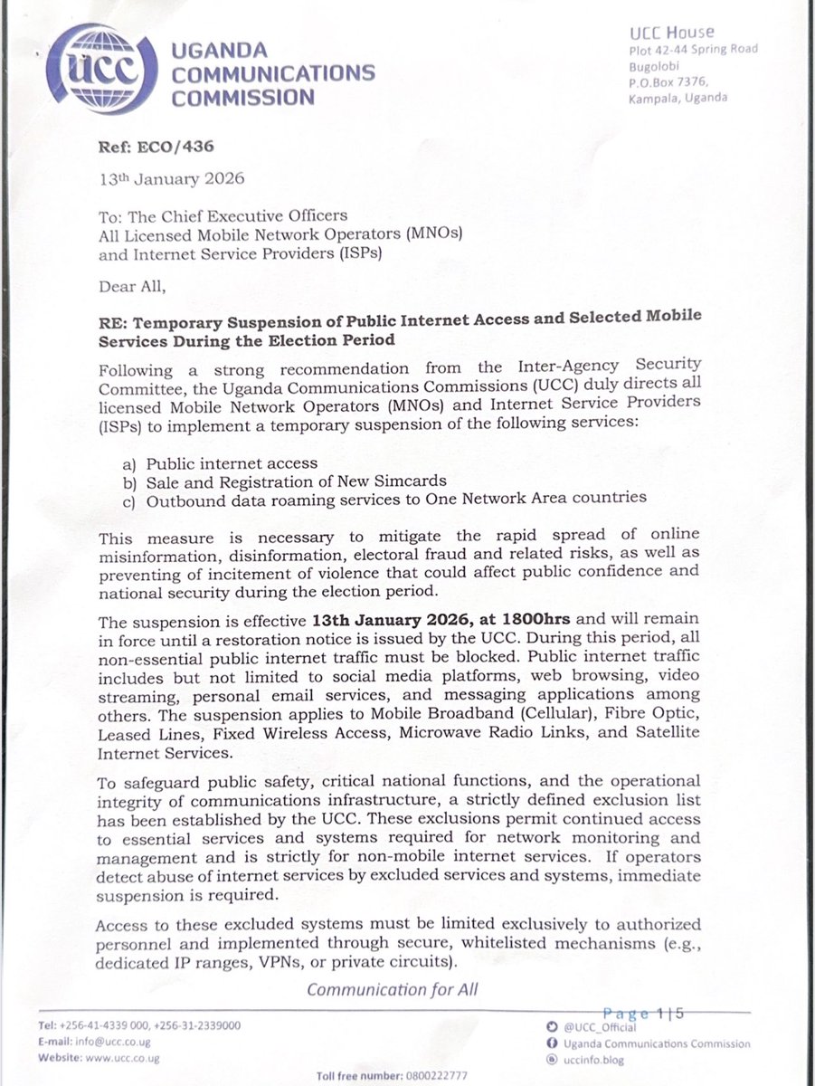 joshuabyamazima's tweet image. NOW: 

@UCC_Official has directed internet to be OFF starting today.