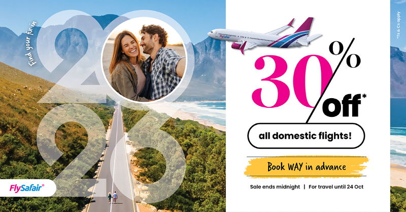 FlySafair's tweet photo. Get 30% OFF* all domestic flights for travel until 24 Oct 2026!

From Valentine’s Day and Easter to the many public holidays and school breaks, pack your calendar with fun, adventure and your favourite fixes, well in advance. 

Book now!

T's&amp;C's apply